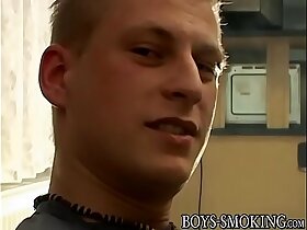 Twink cigar smoker wanks his shaved cock and jizzes solo