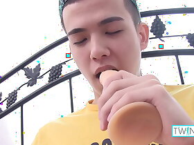 Skinny Brunette Boy Xander Bangs A Dildo And Rubs His Big Hard Cock!