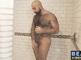 Bear washes his furry body and spanks his thick monkey