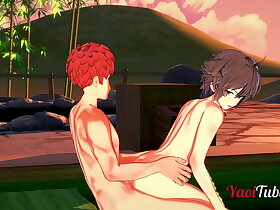 Fate Yaoi - Shirou & Sieg Having Sex in a Onsen. Blowjob and Bareback Anal with creampie and cums in his mouth 2/2
