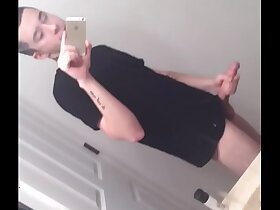 Cute tattooed teen rubbing his juicy cock and loving it