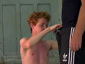 Gorgeous ginger sub tied up for BDSM jerk off session