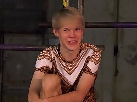 Tied up slim twink gets dick sucked and jerked off by master